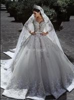 Plus Size Light Champagne V Neck Crystal Lace Ball Gown Wedding Dresses Muslim Long Sleeves Open Back Plus Size Bridal Gown
