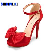 Sandals New Elegant Women Shoes Satin Bow Big Size 34 44 Peeptoe High Heels 12cm Platform Party Wedding Woman 220428
