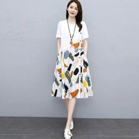 Black White Loose Dress Fashion Korean Midi Casual Elegant Tunics Summer Light Womens Dresses Vintage Floral