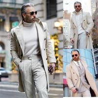 Men&#039;s Suits & Blazers Beige Overcoat Tweed Wool Men Long Coat Winter Groom Party Prom Jacket Double Breasted Business Wear Outfit One Suit