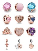Nuevo popular 925 Sterling Silver Rose Gold Pink Heart Solitaire Clip Beads para la pulsera Pandora Pandora Original Joyas de bricolaje Mujeres