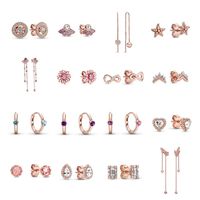 Rose Gold Pave Heart Hoop Stud Earrings Fit Original Pandora with Crystal for Jewelry Women's222V