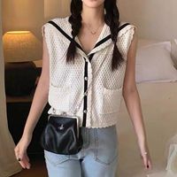 Women's Blouses & Shirts Summer Knitted Blouse Women Cardigan Sleeveless Button Up Tops Casual Sweet Pink White Office Lady Blusas 21789Wome