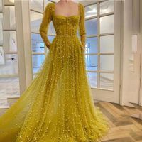 Party Dresses Sweetheart Neckline Hang Up Long Sleeves Yellow Prom Dress With Pocket See Through Pearls Evening DressParty
