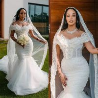 Retro Lace Mermaid Wedding Dresses Off Shoulder Illusion Sexy Pearl White Arabic Marriage Bridal Gowns