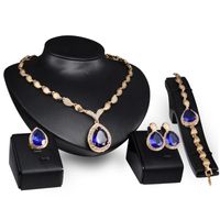 Saphirblau Big Crystal Ring Luxus Gold Link Anhänger Halskette Armband Ohrringe für Braut Prinzessin Party Schmuck Set