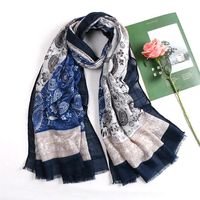 Ethnic Paisley Cotton Hijab Scarf Navy Cashew Headscarf Blue Female Spring 2021 For Muslim Women Shawl Wraps Scarves284T