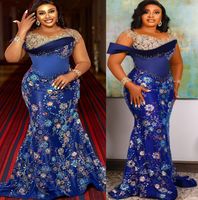 2022 Plus Size Arabic Aso Ebi Royal Blue Mermaid Prom Dresses Lace Beaded Evening Formal Party Second Reception Birthday Engagement Gowns Dress ZJ503