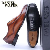 Luxury Italian Oxford Genuine Leather Shoes Brogue Fashion Wing Tip Black Lace Up Wedding Office Dress Men Formal Shoes 220324