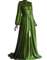 Casual Dresses Women Sexig Shiny Olive Green Boho Dress Spring Autumn Long Sleeve Evening Party Elegant Maxi Slit Big Swing Formal Dressescas