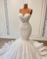 Vestidos de noiva elegantes de pérolas para mulheres 2022 Lace Spaghetti Straps de sereia vestidos de noiva vestidos de boda Invitada