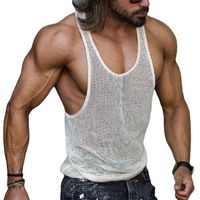 Mens T- Shirts Vest Knitted Loose Tank Top Stripe Mesh Hollow...