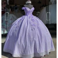 Lavender Bling Sequin Lace Sweet 16 Quinceanera Dresses 2022 Off The Shoulder 3D Floral Applique Beads Corset Dress Vestidos De 15 Anos Masquerade xv Dress
