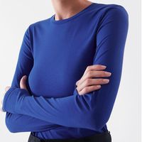 T-shirt feminina Mulheres azul algodão simples Slim Slim Sleeved O-Gobes Casual Tops 2022 Early Springwomen's