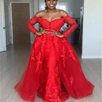 Red Overskirt Evening Dresses Off The Shoulder Lace Appliques African Memaid Prom Dresses With Train Plus Size Party Dresses robes291K