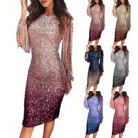 European and American women's evening dress fringed long-sleeved gradient sequined
