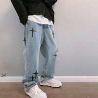 Herenbroek Leer Geborduurde Cross Vintage Blue Jeans High Street Losse Rechte Wide Been Hip Hop Streetwear Male Baggy Denim