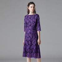 Robes décontractées marque Mesh Broidered Robe European American Fashion Elegant Slim Purple All-Matching Graceful A-Line Crochet Vestidocasua