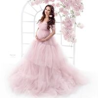 Party Dresses Pink Prom Pregnant Women's Long Maternity Dress Layers Off The Shoulder Evening Gowns Tulle Poshooting RobesParty