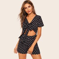 Polka Dot Tie Front Playsuit Women Belly Hollow Out Sexy V N...