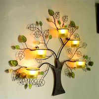 Creative Handmade Iron Art Tree Shape Candle Holder Decorative Wall Mounted Glass Wind Lamp Craftworks Embellishment Accessories H220419