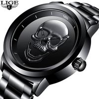 Wristwatches 2022 LIGE Brand Cool Punk Style Pirate Skeleton Skull Quartz Mens Watches Mesh Steel Sports Black Watch Men Relogio Masculino