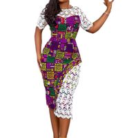 Etnik Giyim Afrikalı Kadın Ofisi İçin Yaz Elbisesi Leydi Kıyafetleri Kısa Kollu Bodycon Mor Dashiki Baskı Zarif Artı Beden Kadın Vestid