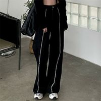여자 청바지 검은 고체 바지 전선 가장자리 여름 하이 허리가있는 스트리트웨어 캐주얼 스트레이트 청바지 전장 데님 청바지 220817