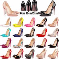 Kvinnor av högsta kvalitet skor röda botten höga klackar sexig spetsig tå röd sula 8 cm 10 cm 12 cm pumpar bröllopsklänning naken svart glänsande gasväv med borr