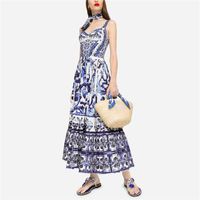 Casual Dresses Summer Blue And White Porcelain Print Suspend...