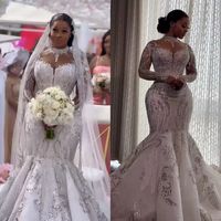 Luxury Crystals Beaded Mermaid Wedding Dresses Long Sleeves Lace Applique High Neck Sweep Train Custom Made 2022 Plus Size vestido de novia C0606N0