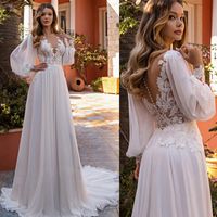 Modest A-Line Sheer Neck Wedding Dress 2022 Elegant Appliques Bridal Gown Women Flowly Puff Sleeve Vestido De Novia