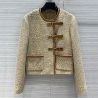 Frauenjacken Luxus echte Ledergrenze Tweed Jacke für Frauen High-End-Qualität Kowskin Schnalle O-Neck Elegant Modes Coat 2022