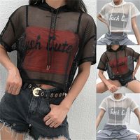 Camiseta de manga curta Mulheres malha com capuz Hollow fora sexy punk rock colheita curta top t-shirt branca fishnet preto 220516
