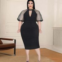 Plus Size Dresses Women Fashion Dress Short Puff Sleeve Solid Color Patchwork V-neck Oversize Pullover Western Style Sexy Lady DressPlus
