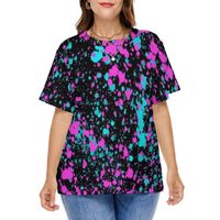 여자 플러스 사이즈 티셔츠 네온 페인트 튀기는 T 셔츠 분홍색과 파란색 캐주얼 짧은 슬리브 재미있는 티 4xl 5xl 여름 인쇄 의류 선물