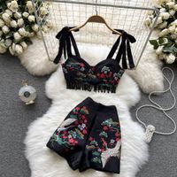 Runway Office Lady Two Piece Robe Shorts Sets Flower Print Lantern Sleeve Belt Tops Mini Pockets Shorts femme costumes 2022