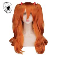 QQXCAIW EVA Asuka Langley Soryu Cosplay Wigs Long Orange With 2 Ponytail Clips Heat Resistant Synthetic Hair Wig