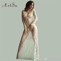 Plus Size Women Floor-Length Black White Autumn Lace Dress Adjust Waist Sexy See Through Floral Vestido DR5046245L