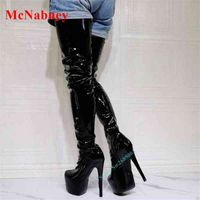 Stretch Patent Leather Thigh High Boots Platform Solid Stiletto Heel Fitted Newborn Boots Women Winter Shoe Side Zipper 220514