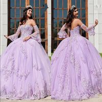 Popular Lavender Long Sleeves Quinceanera Dresses 2020 New Lace Applique Plus Size Lace Up Church Bridal Wear Sweet 16 Prom Gowns202M