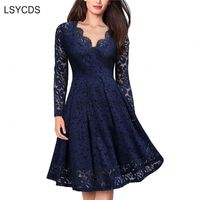 Elegant Sexy Dress For Women Vintage Lace Long Sleeve V Neck Black Blue Femme Casual Dresses Woman Party Night