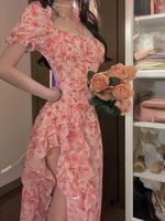 Short Sleeve French Elegant Dress Beach Floral One Piece Korean Fashion Party Summer Casual Vintage Midi Woman