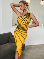 Striped One Shoulder Bandage Dress For Year Women Yellow Bodycon Sexy Party Dresses Evening Club Outfits
