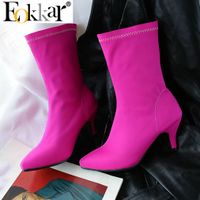 EOKKAR Hot Pink Kitten Heel Stretch Ankle Boots for Women Po...