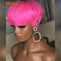 Pink Color Pixie Short Cut Bob Wig with Bangs Brazilian Straight Wigs 100% Human Hair Wig for Women Full Machine Made