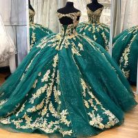 2022 Hunter Green Princess Plus Size Quinceanera Dresses Off Shoulder Ball Gown Sweet 16 Dress Gold Lace vestidos de 15 anos