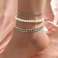 Fußkettchen Klassische silberne Farbe Kubanische Kette Bohemian Imitation Perlen -Knöchelarmbänder für Frauen Sommer Beach Ankettchen Schmuck Frau238K