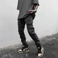 Jeans masculinos Harajuku High Street Black Grey Cinzento Male Retro Retro lavado calças de jeans multi-bolso