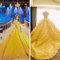 Gorgeoues brilhantes vestidos de quinceanera amarelo vestidos de mangas cobertas com 3D Floral applique varrer trem personalizado feito doce 16 festa vestido de bola